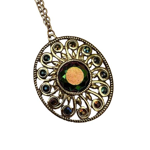 Peacock Colored Rhinestone Gold Pendant Necklace - Picture 4 of 6